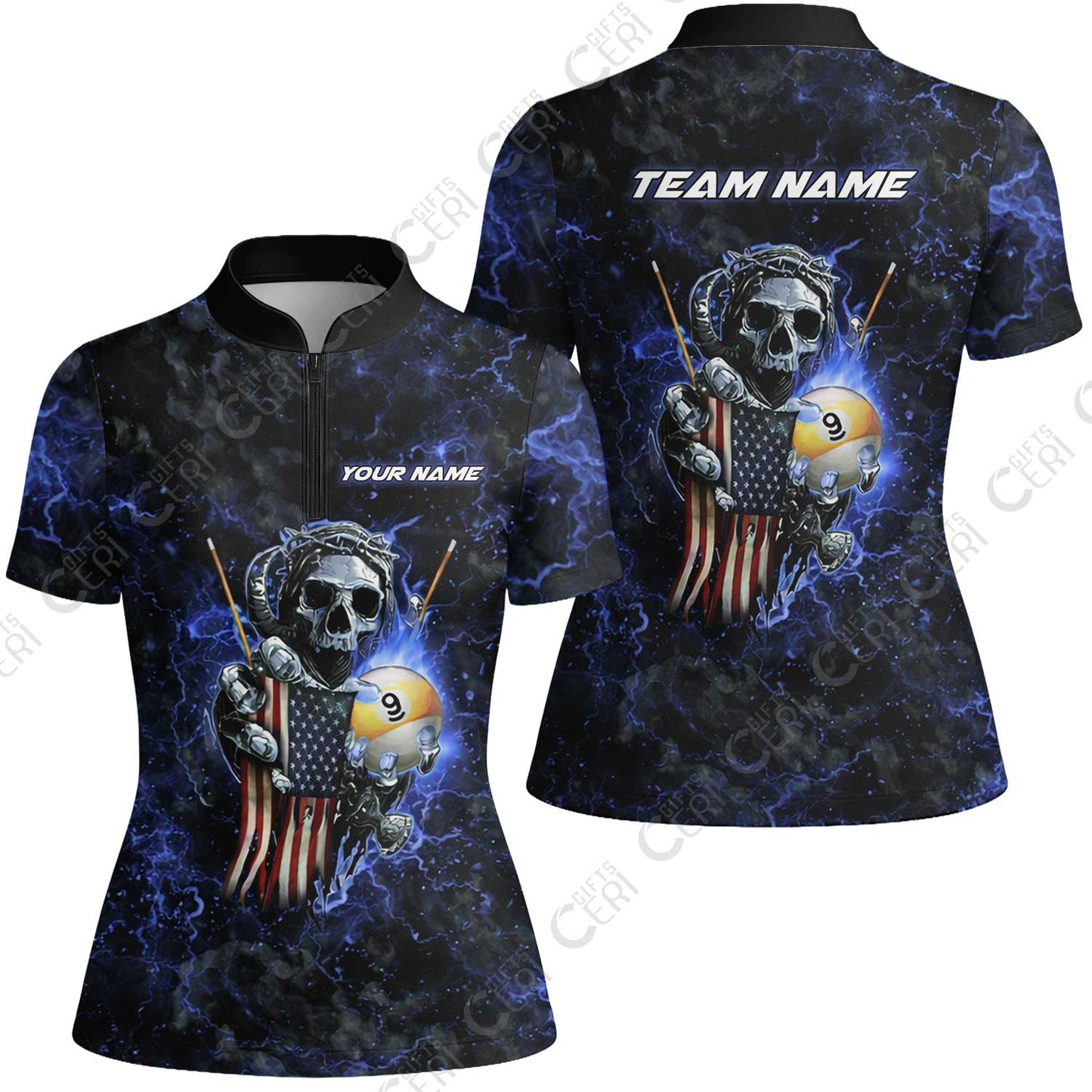 Customized Billiards Stand Collar Quarter Zip Short Sleeve Women's Shirt, Personalized Ghost Break 9 Ball Jersey Gift For Billiard Players
