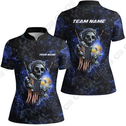 Customized Billiards Stand Collar Quarter Zip Short Sleeve Women's Shirt, Personalized Ghost Break 9 Ball Jersey Gift For Billiard Players
