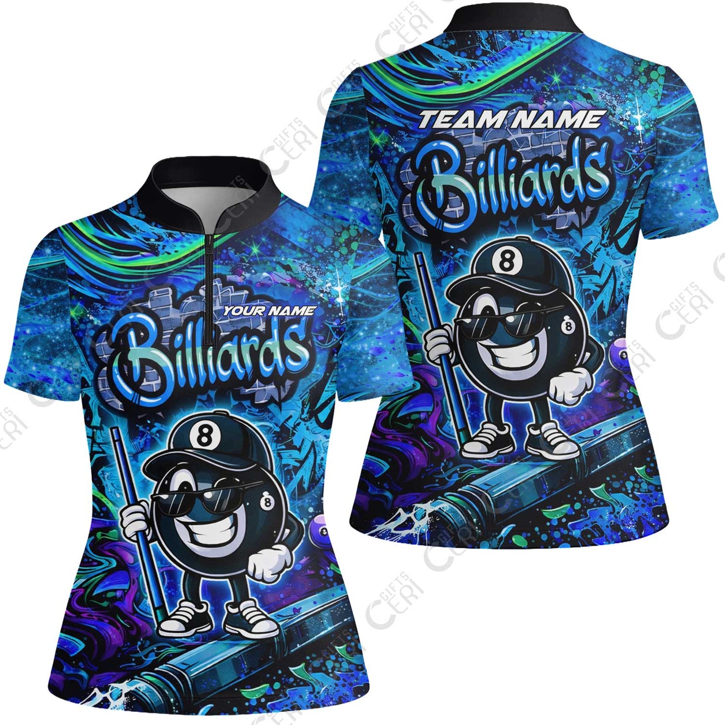 Customized Billiards Stand Collar Quarter Zip Short Sleeve Women's Shirt, Personalized Street Graffiti 8 Ball Jersey Gift For Billiard Players