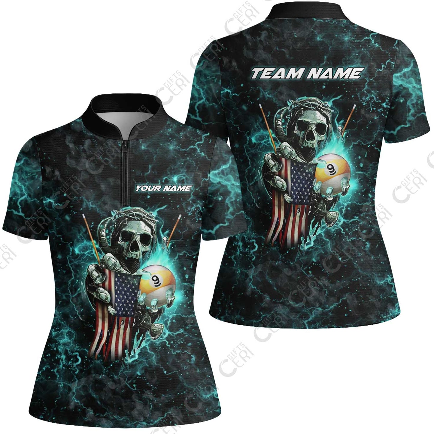 Customized Billiards Stand Collar Quarter Zip Short Sleeve Women's Shirt, Personalized Ghost Break 9 Ball Jersey Gift For Billiard Players
