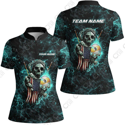 Customized Billiards Stand Collar Quarter Zip Short Sleeve Women's Shirt, Personalized Ghost Break 9 Ball Jersey Gift For Billiard Players