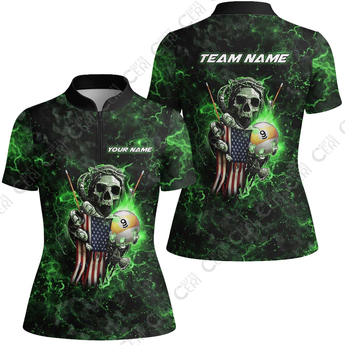 Customized Billiards Stand Collar Quarter Zip Short Sleeve Women's Shirt, Personalized Ghost Break 9 Ball Jersey Gift For Billiard Players