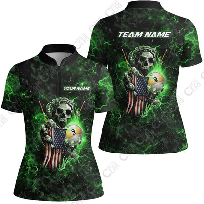 Customized Billiards Stand Collar Quarter Zip Short Sleeve Women's Shirt, Personalized Ghost Break 9 Ball Jersey Gift For Billiard Players