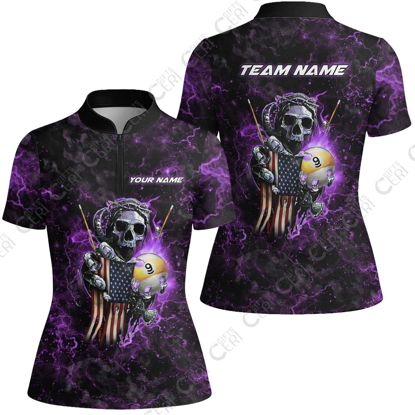 Customized Billiards Stand Collar Quarter Zip Short Sleeve Women's Shirt, Personalized Ghost Break 9 Ball Jersey Gift For Billiard Players