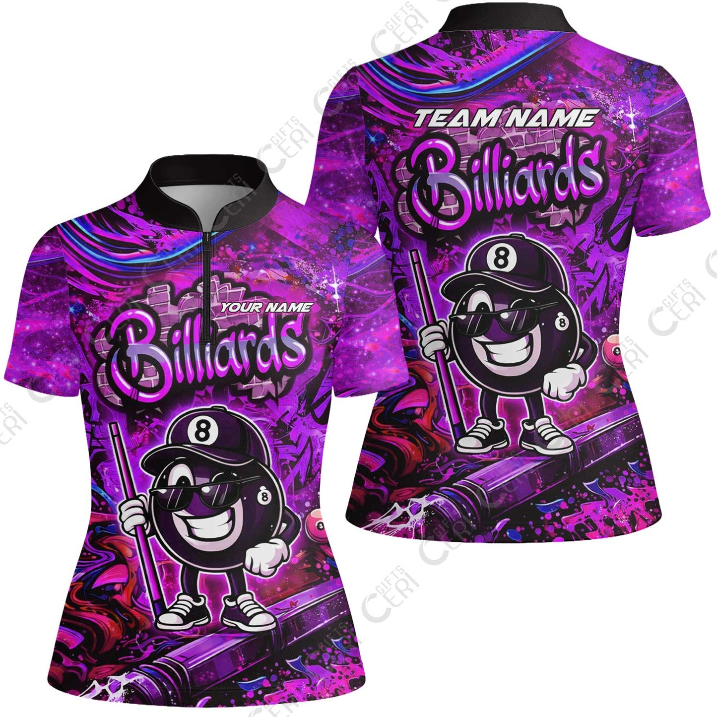 Customized Billiards Stand Collar Quarter Zip Short Sleeve Women's Shirt, Personalized Street Graffiti 8 Ball Jersey Gift For Billiard Players