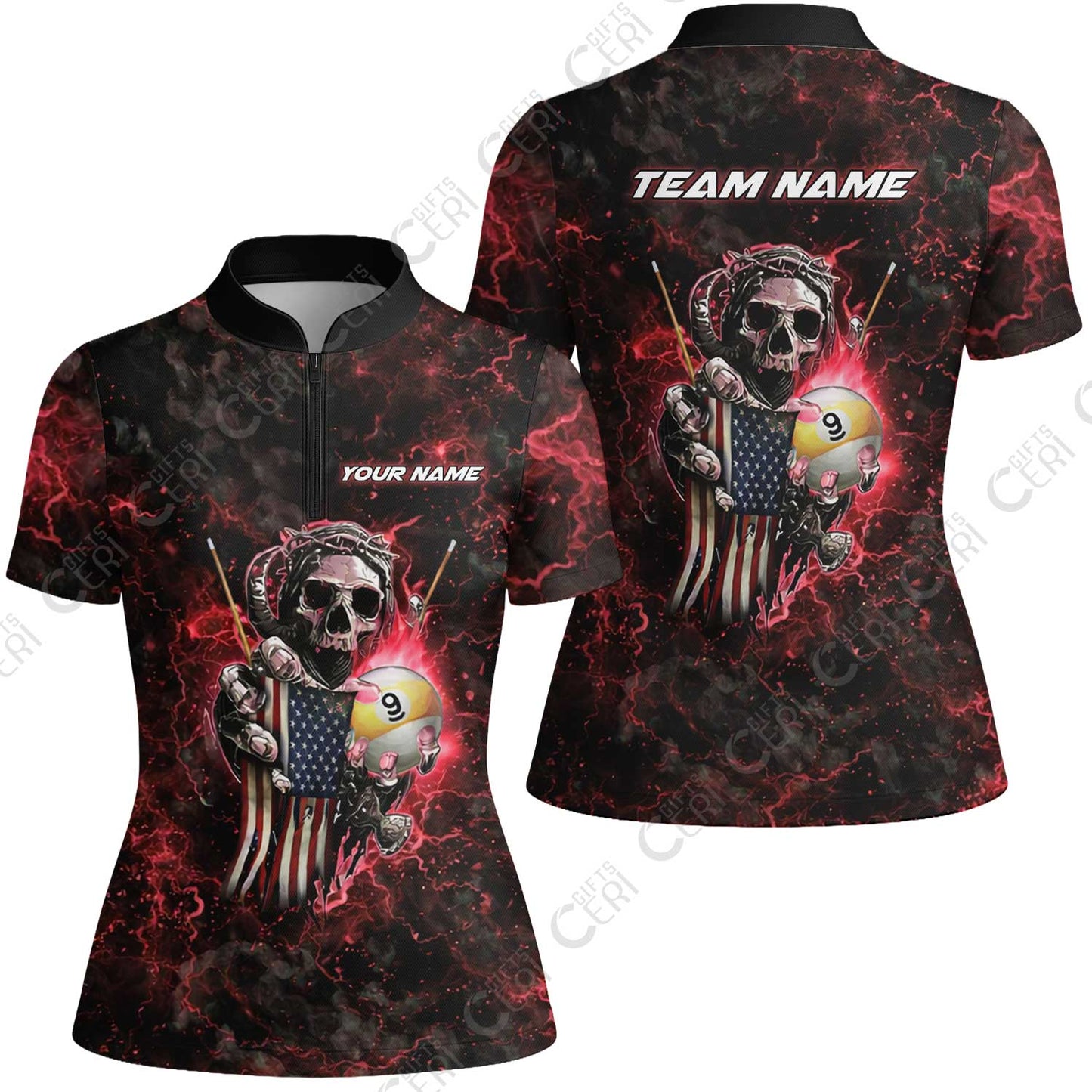 Customized Billiards Stand Collar Quarter Zip Short Sleeve Women's Shirt, Personalized Ghost Break 9 Ball Jersey Gift For Billiard Players