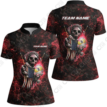 Customized Billiards Stand Collar Quarter Zip Short Sleeve Women's Shirt, Personalized Ghost Break 9 Ball Jersey Gift For Billiard Players