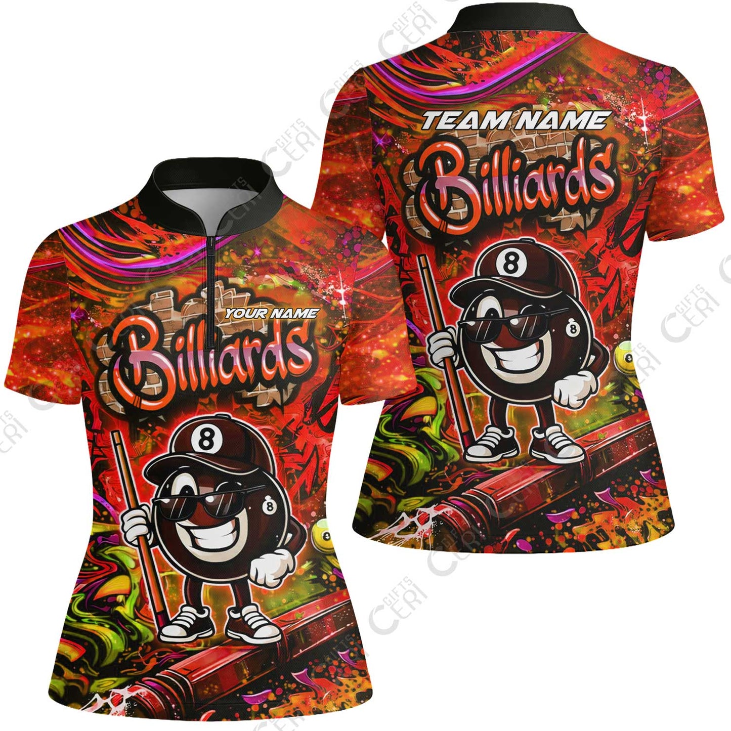 Customized Billiards Stand Collar Quarter Zip Short Sleeve Women's Shirt, Personalized Street Graffiti 8 Ball Jersey Gift For Billiard Players