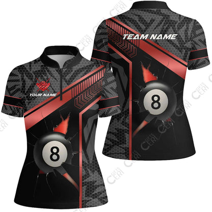 Customized Billiards Stand Collar Quarter Zip Short Sleeve Women's Shirt, Personalized Hexagonal Patterns With A Cracked Glass 8 Ball Jersey