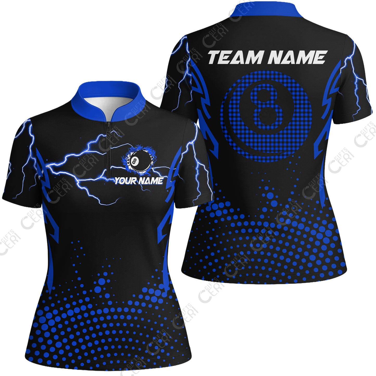 Customized Billiards Stand Collar Quarter Zip Short Sleeve Women's Shirt, Lightning Graphics With Dots 8 Ball Pool Jersey