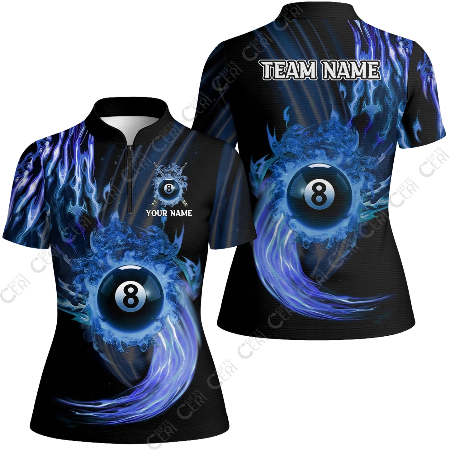 Customized 8 Ball Pool Stand Collar Quarter Zip Short Sleeve Women's Shirt, 8-Ball Swirling Fire And Glowing Smoke, Billiards Jerseys