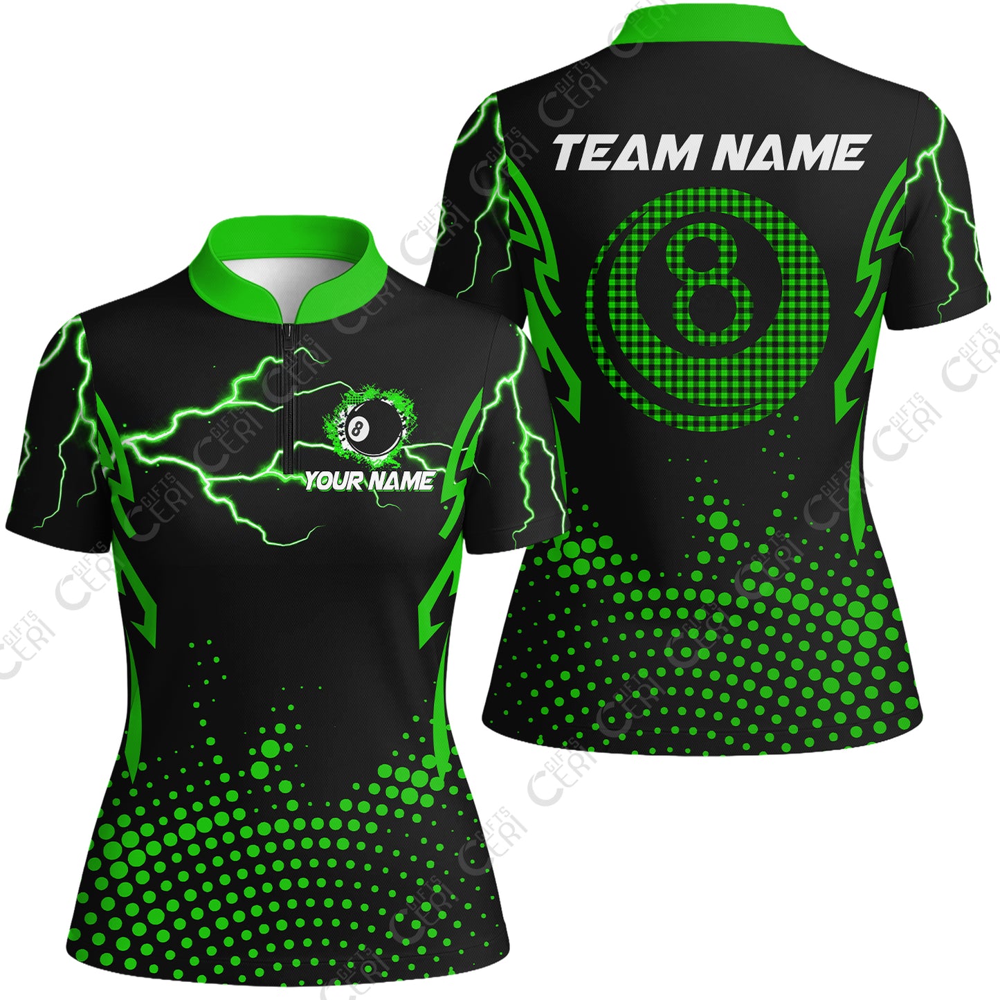 Customized Billiards Stand Collar Quarter Zip Short Sleeve Women's Shirt, Lightning Graphics With Dots 8 Ball Pool Jersey