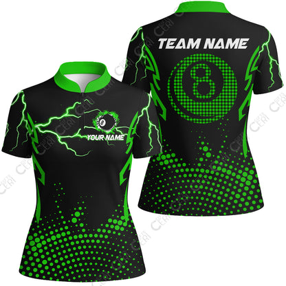 Customized Billiards Stand Collar Quarter Zip Short Sleeve Women's Shirt, Lightning Graphics With Dots 8 Ball Pool Jersey