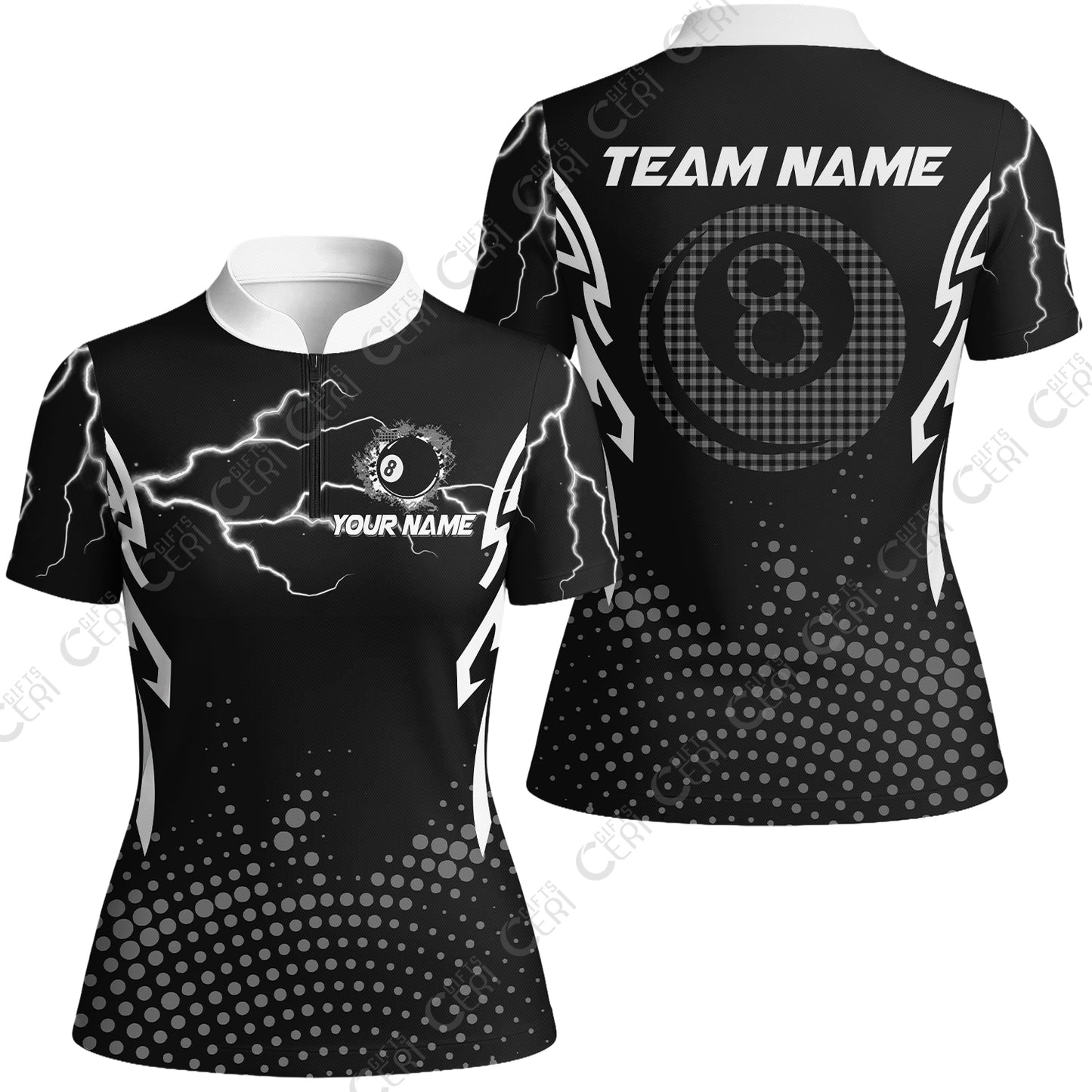 Customized Billiards Stand Collar Quarter Zip Short Sleeve Women's Shirt, Lightning Graphics With Dots 8 Ball Pool Jersey