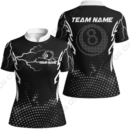 Customized Billiards Stand Collar Quarter Zip Short Sleeve Women's Shirt, Lightning Graphics With Dots 8 Ball Pool Jersey