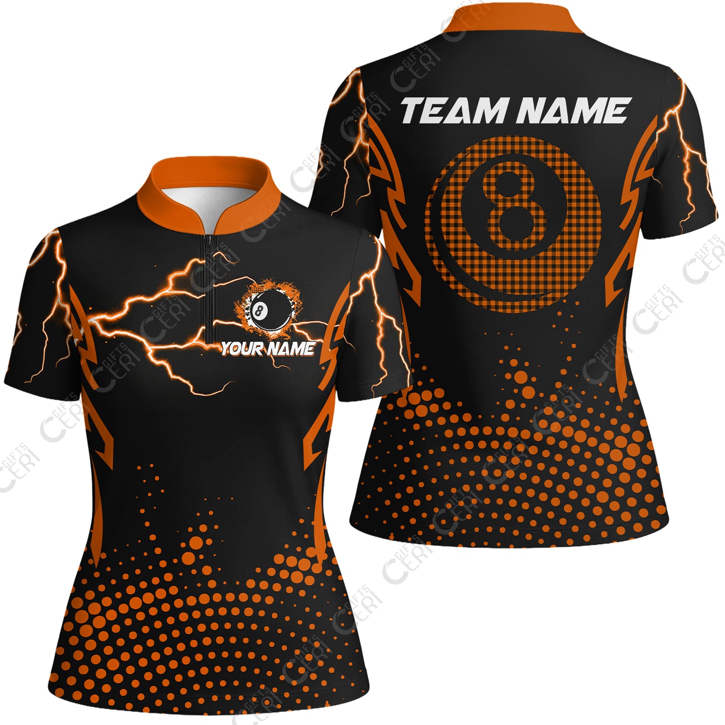 Customized Billiards Stand Collar Quarter Zip Short Sleeve Women's Shirt, Lightning Graphics With Dots 8 Ball Pool Jersey