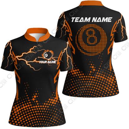 Customized Billiards Stand Collar Quarter Zip Short Sleeve Women's Shirt, Lightning Graphics With Dots 8 Ball Pool Jersey