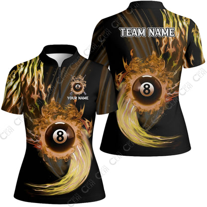 Customized 8 Ball Pool Stand Collar Quarter Zip Short Sleeve Women's Shirt, 8-Ball Swirling Fire And Glowing Smoke, Billiards Jerseys
