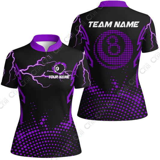 Customized Billiards Stand Collar Quarter Zip Short Sleeve Women's Shirt, Lightning Graphics With Dots 8 Ball Pool Jersey