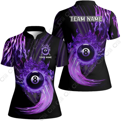 Customized 8 Ball Pool Stand Collar Quarter Zip Short Sleeve Women's Shirt, 8-Ball Swirling Fire And Glowing Smoke, Billiards Jerseys