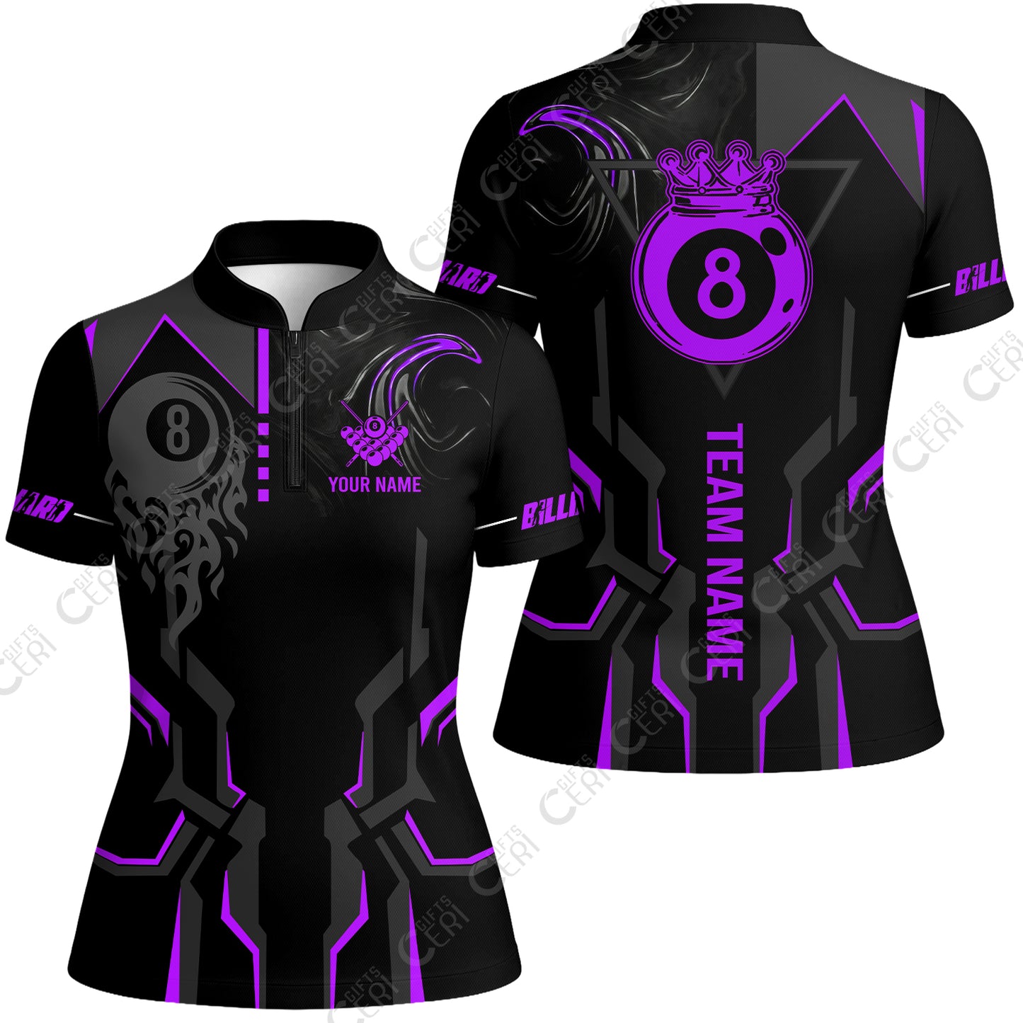 Customized 8 Ball Pool Stand Collar Quarter Zip Short Sleeve Women's Shirt, 8-Ball Liquid Effect Smoke, Billiard Jerseys