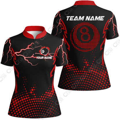 Customized Billiards Stand Collar Quarter Zip Short Sleeve Women's Shirt, Lightning Graphics With Dots 8 Ball Pool Jersey