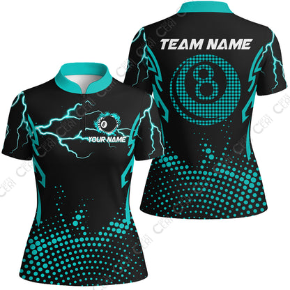 Customized Billiards Stand Collar Quarter Zip Short Sleeve Women's Shirt, Lightning Graphics With Dots 8 Ball Pool Jersey