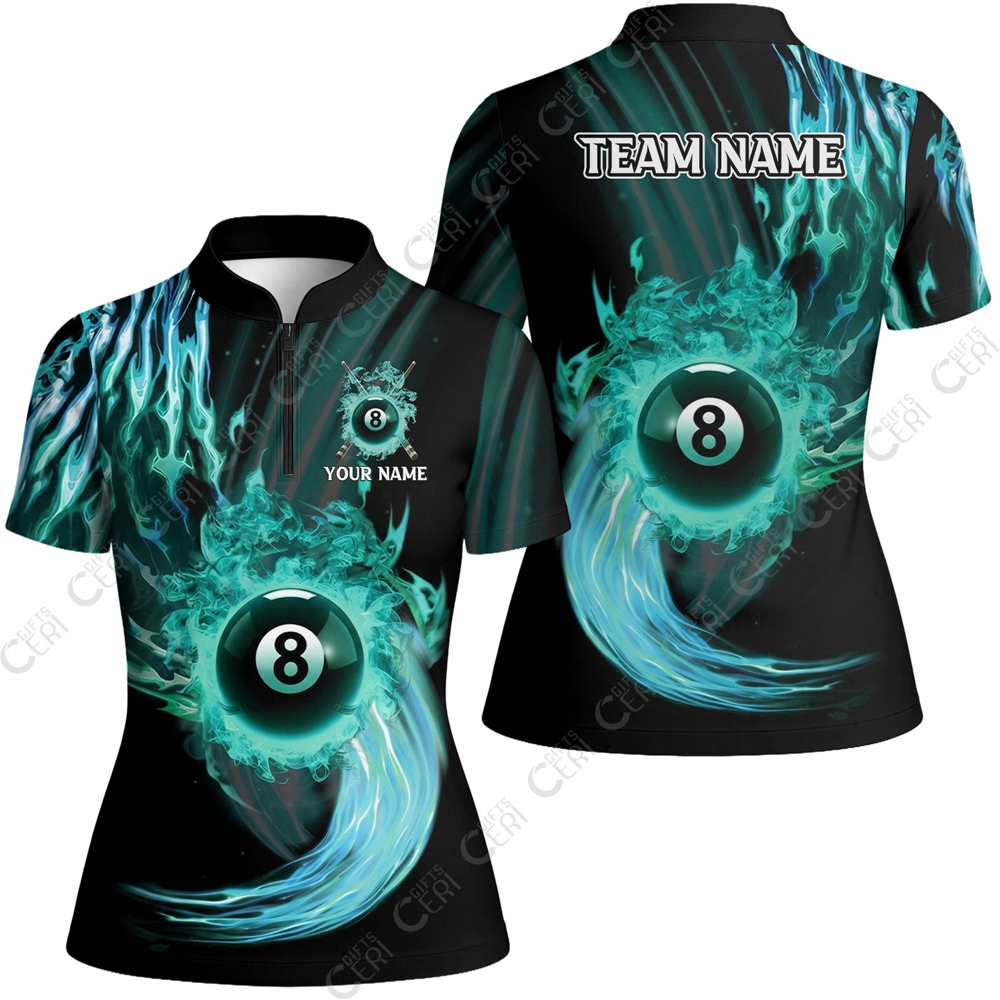Customized 8 Ball Pool Stand Collar Quarter Zip Short Sleeve Women's Shirt, 8-Ball Swirling Fire And Glowing Smoke, Billiards Jerseys