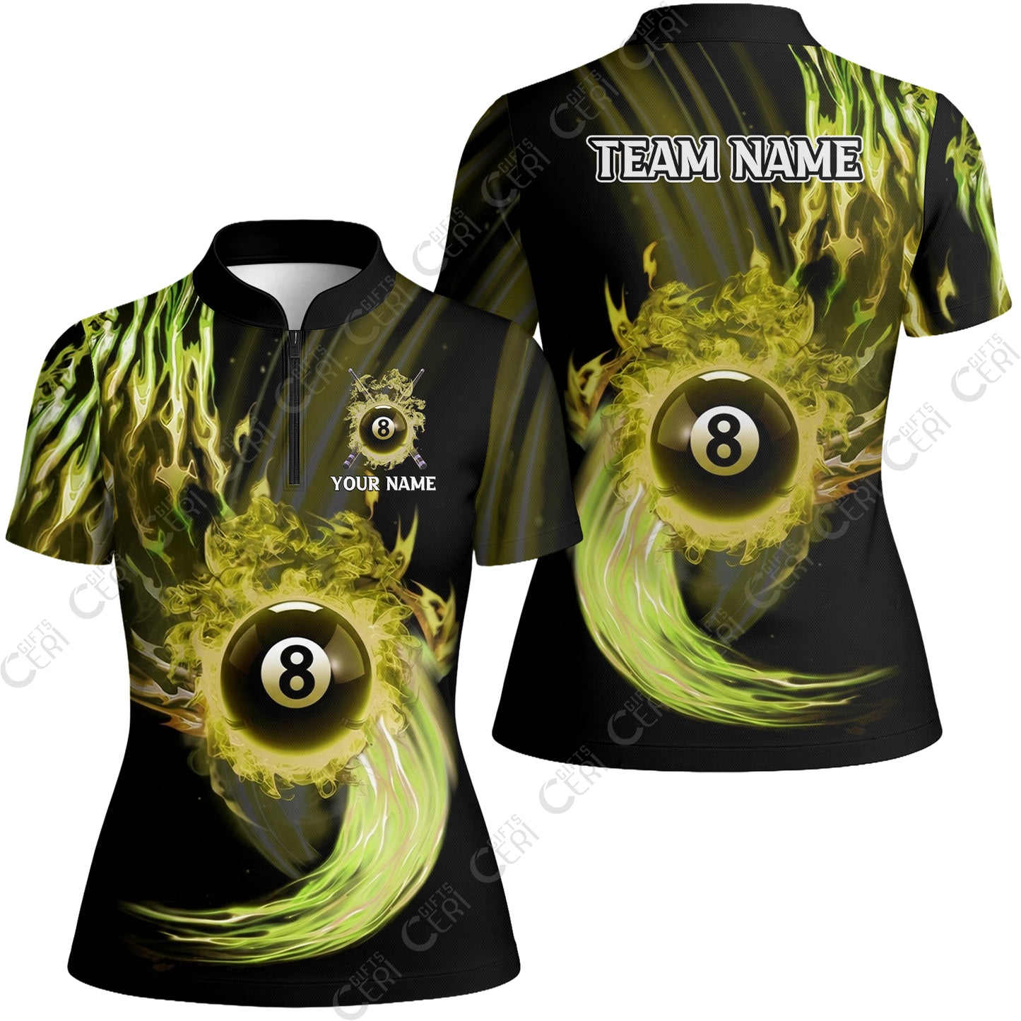 Customized 8 Ball Pool Stand Collar Quarter Zip Short Sleeve Women's Shirt, 8-Ball Swirling Fire And Glowing Smoke, Billiards Jerseys