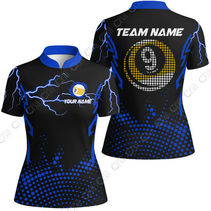 Customized Billiards Stand Collar Quarter Zip Short Sleeve Women's Shirt, Lightning Graphics With Dots 9 Ball Pool Jersey
