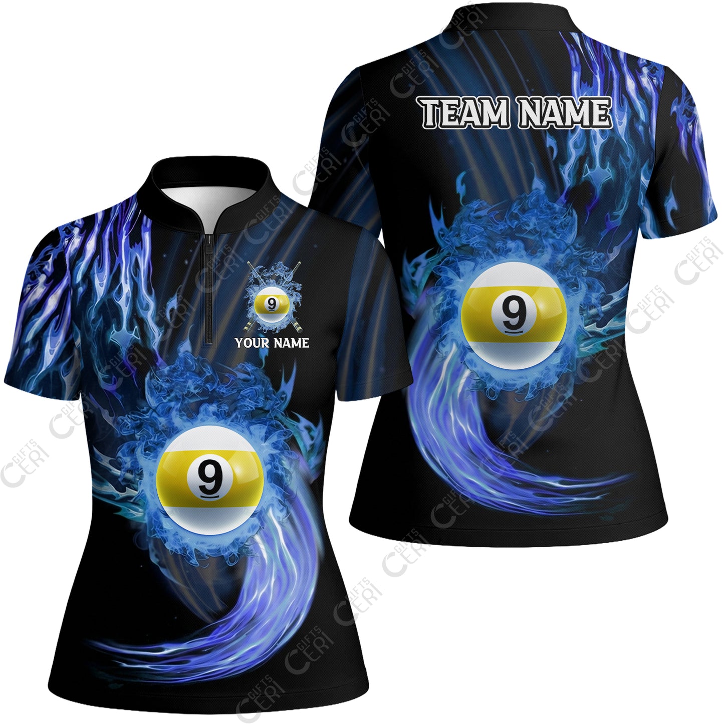 Customized 9 Ball Pool Stand Collar Quarter Zip Short Sleeve Women's Shirt, 9-Ball Swirling Fire And Glowing Smoke, Billiards Jerseys