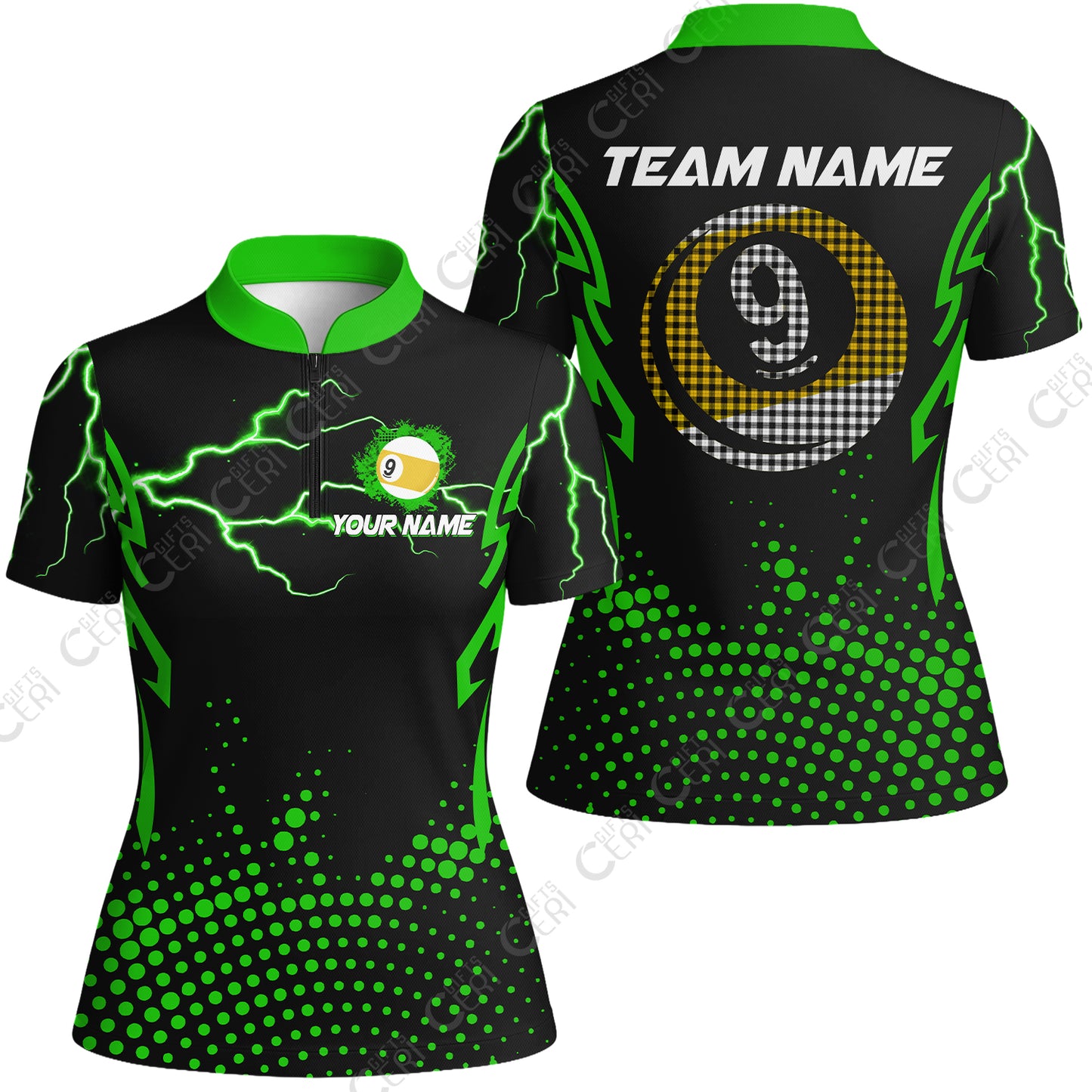 Customized Billiards Stand Collar Quarter Zip Short Sleeve Women's Shirt, Lightning Graphics With Dots 9 Ball Pool Jersey