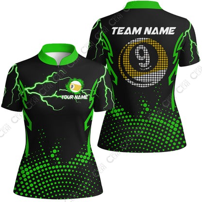 Customized Billiards Stand Collar Quarter Zip Short Sleeve Women's Shirt, Lightning Graphics With Dots 9 Ball Pool Jersey