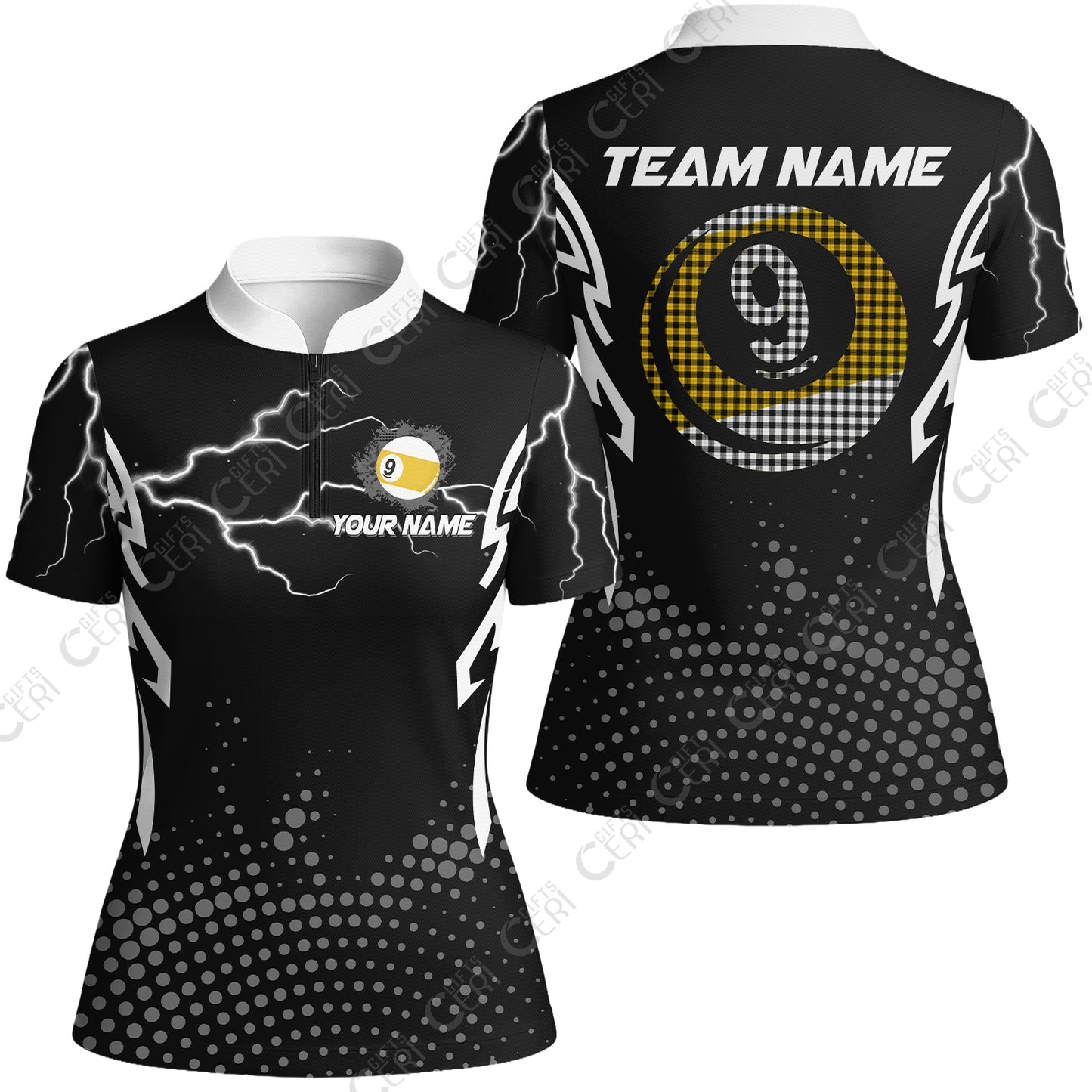 Customized Billiards Stand Collar Quarter Zip Short Sleeve Women's Shirt, Lightning Graphics With Dots 9 Ball Pool Jersey