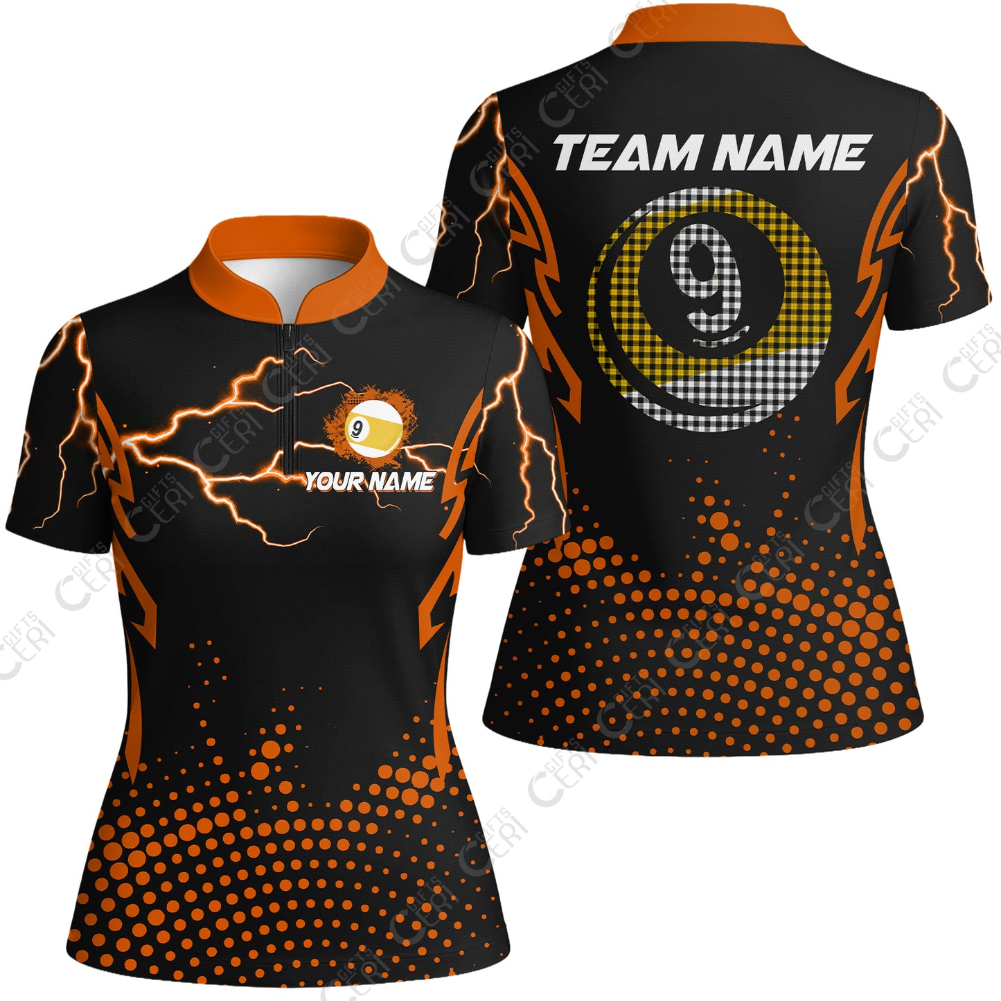 Customized Billiards Stand Collar Quarter Zip Short Sleeve Women's Shirt, Lightning Graphics With Dots 9 Ball Pool Jersey