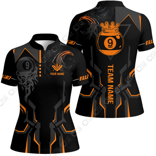 Customized 9 Ball Pool Stand Collar Quarter Zip Short Sleeve Women's Shirt, 9-Ball Liquid Effect Smoke, Billiard Jerseys