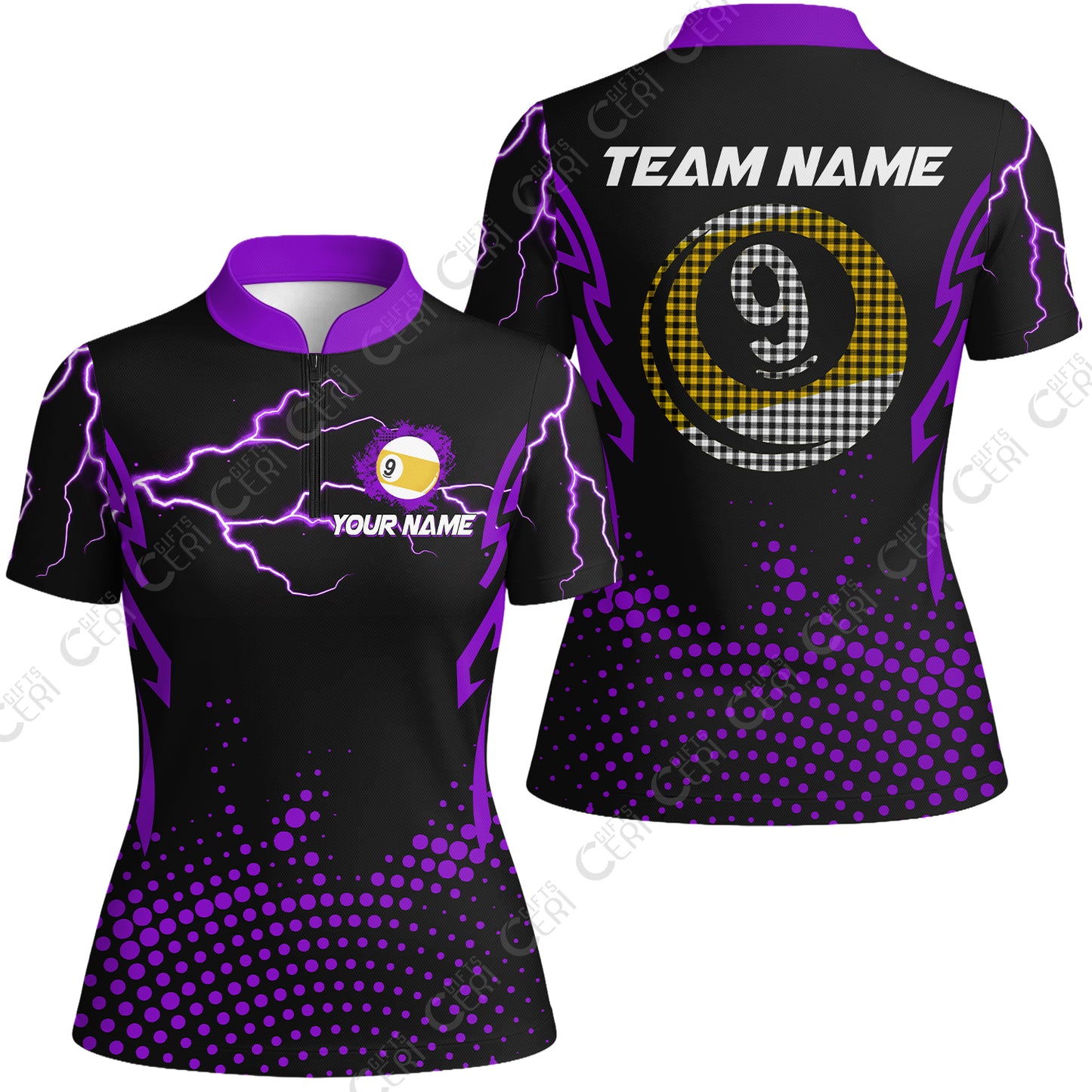 Customized Billiards Stand Collar Quarter Zip Short Sleeve Women's Shirt, Lightning Graphics With Dots 9 Ball Pool Jersey