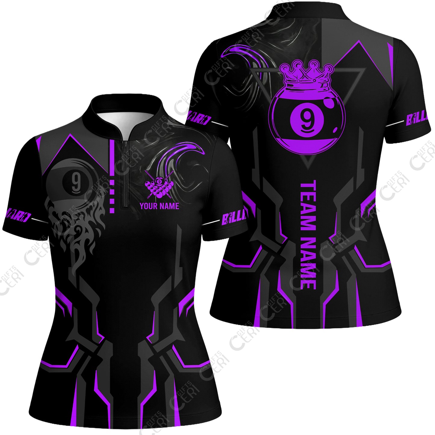 Customized 9 Ball Pool Stand Collar Quarter Zip Short Sleeve Women's Shirt, 9-Ball Liquid Effect Smoke, Billiard Jerseys