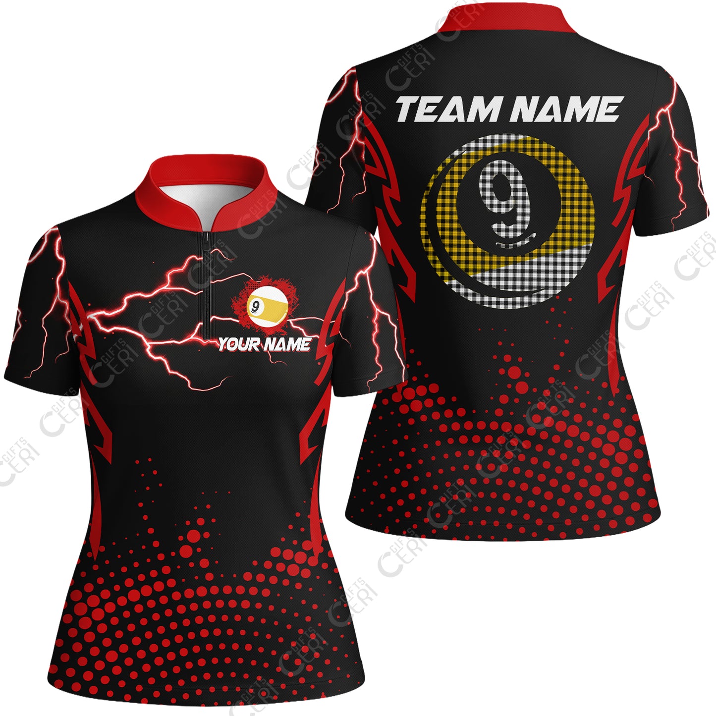 Customized Billiards Stand Collar Quarter Zip Short Sleeve Women's Shirt, Lightning Graphics With Dots 9 Ball Pool Jersey