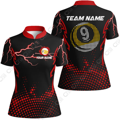 Customized Billiards Stand Collar Quarter Zip Short Sleeve Women's Shirt, Lightning Graphics With Dots 9 Ball Pool Jersey