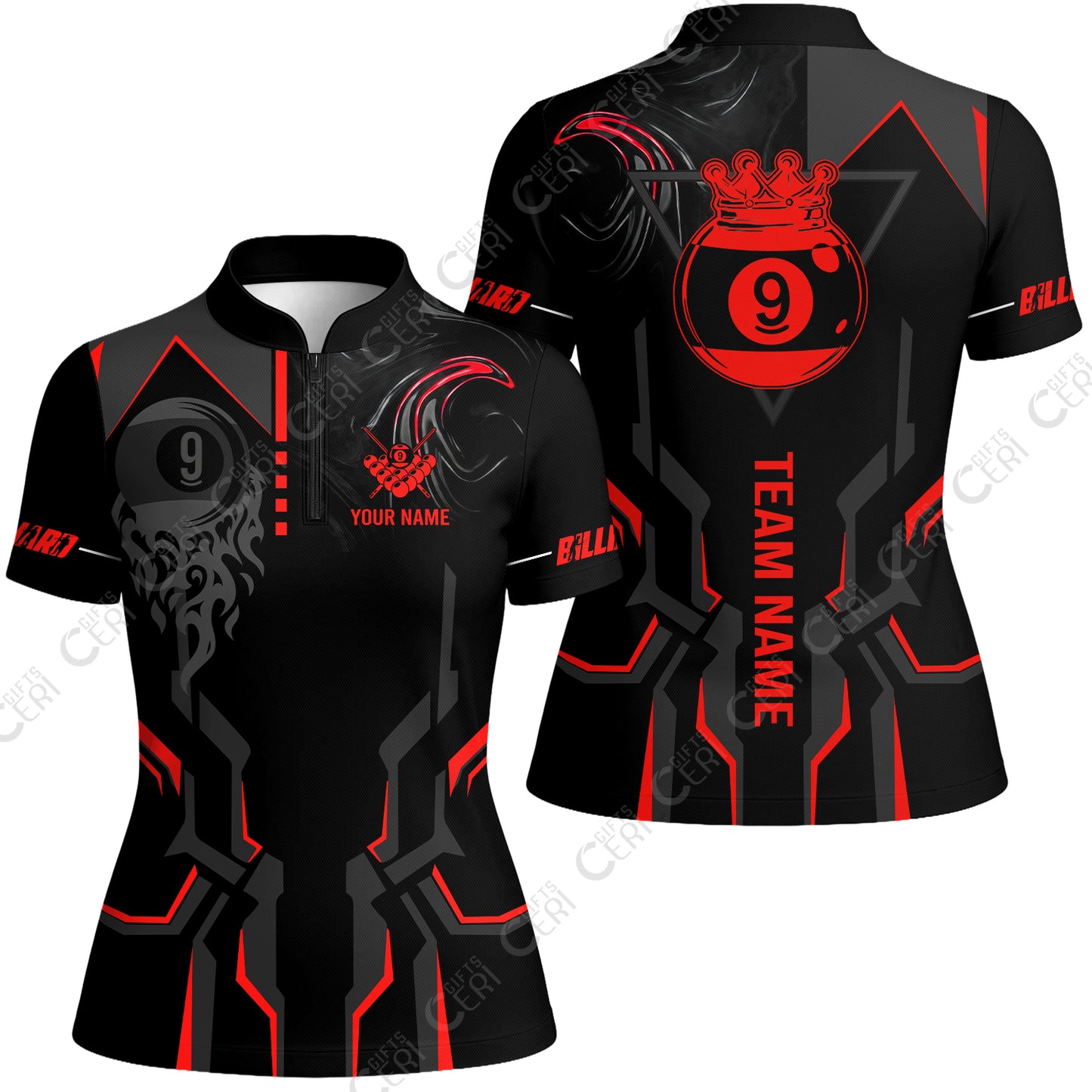 Customized 9 Ball Pool Stand Collar Quarter Zip Short Sleeve Women's Shirt, 9-Ball Liquid Effect Smoke, Billiard Jerseys