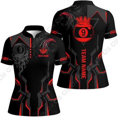 Customized 9 Ball Pool Stand Collar Quarter Zip Short Sleeve Women's Shirt, 9-Ball Liquid Effect Smoke, Billiard Jerseys