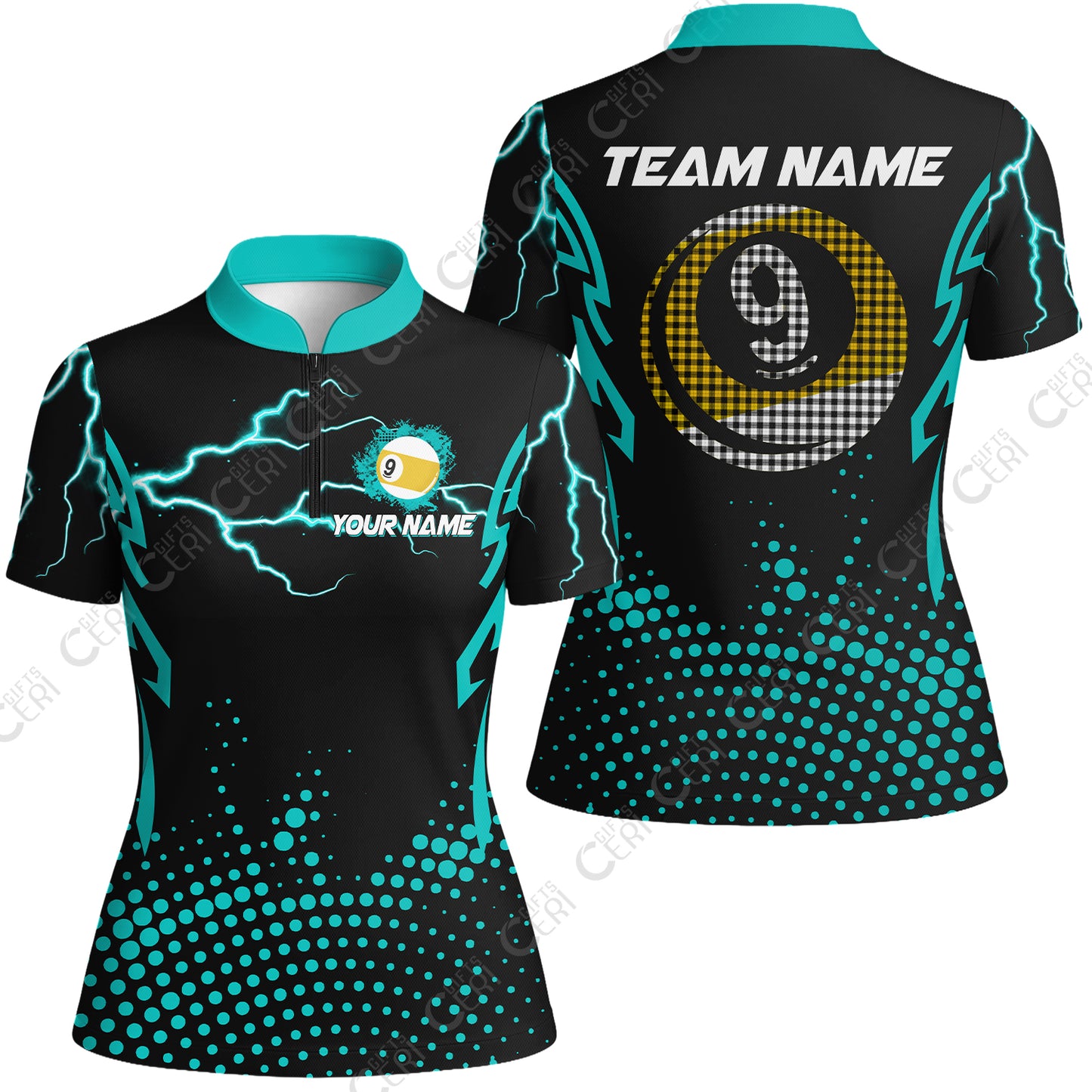 Customized Billiards Stand Collar Quarter Zip Short Sleeve Women's Shirt, Lightning Graphics With Dots 9 Ball Pool Jersey