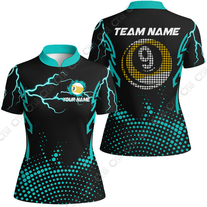 Customized Billiards Stand Collar Quarter Zip Short Sleeve Women's Shirt, Lightning Graphics With Dots 9 Ball Pool Jersey