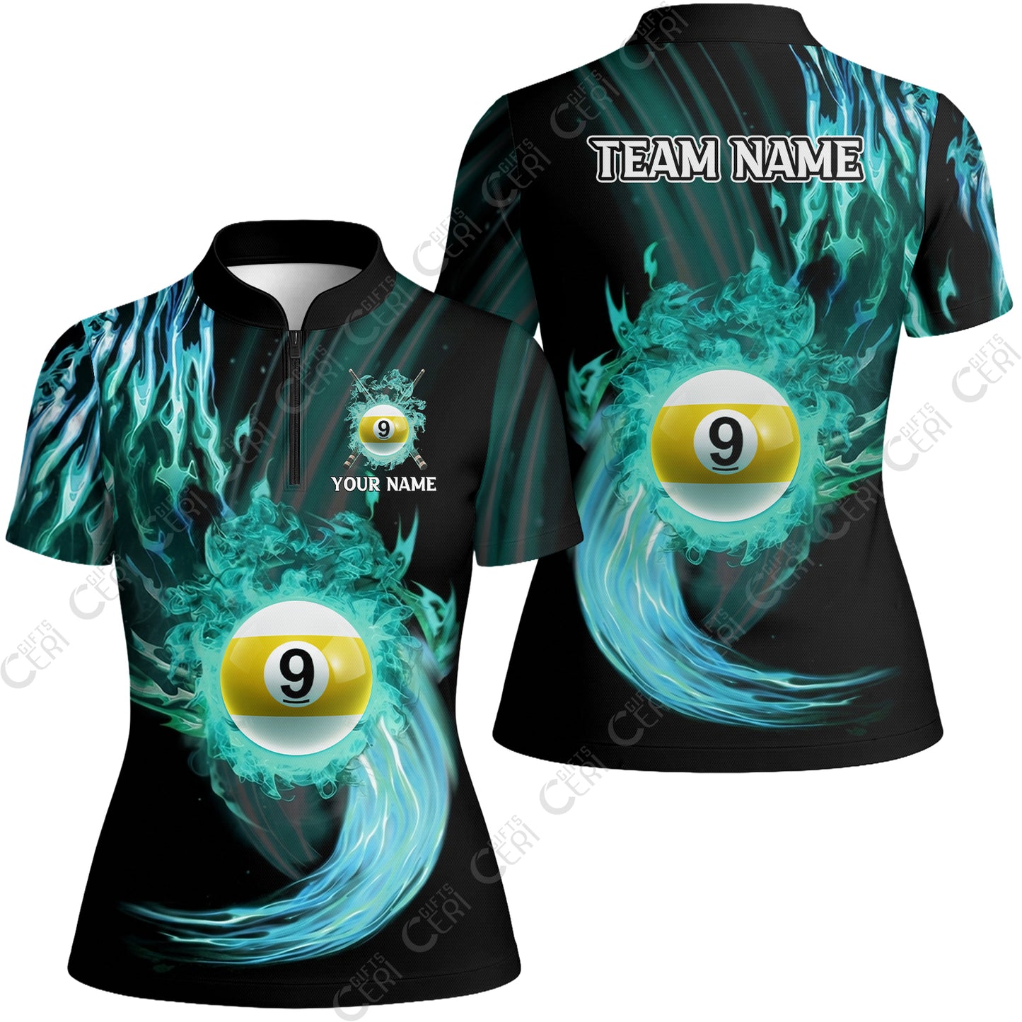 Customized 9 Ball Pool Stand Collar Quarter Zip Short Sleeve Women's Shirt, 9-Ball Swirling Fire And Glowing Smoke, Billiards Jerseys