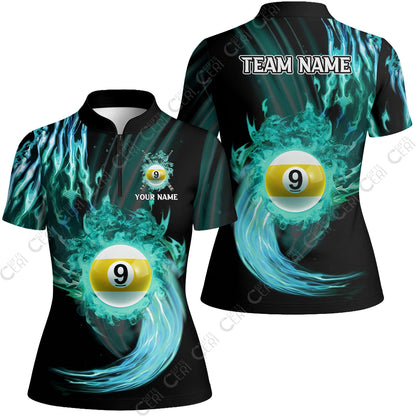 Customized 9 Ball Pool Stand Collar Quarter Zip Short Sleeve Women's Shirt, 9-Ball Swirling Fire And Glowing Smoke, Billiards Jerseys