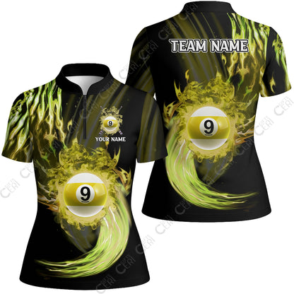 Customized 9 Ball Pool Stand Collar Quarter Zip Short Sleeve Women's Shirt, 9-Ball Swirling Fire And Glowing Smoke, Billiards Jerseys