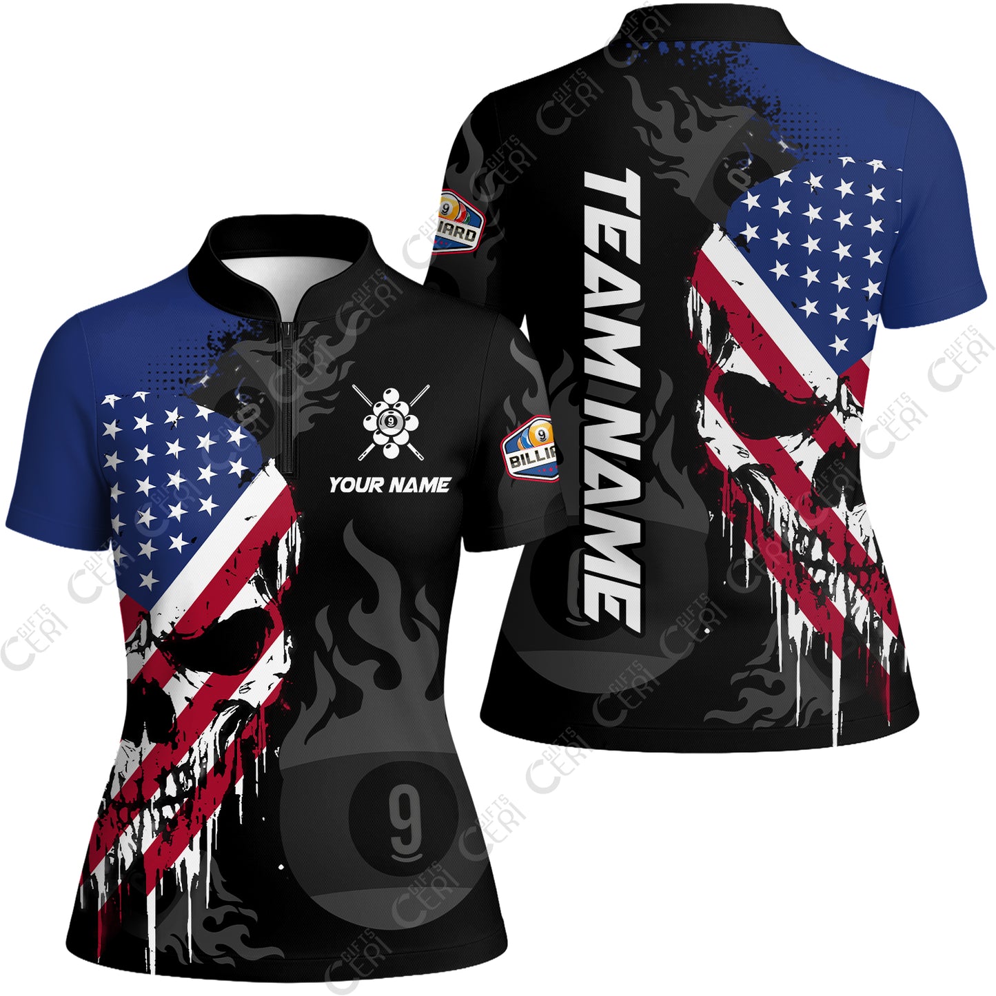 Customized 9 Ball Pool Stand Collar Quarter Zip Short Sleeve Women's Shirt, Billiards 9-Ball Flame And The Skull With American Flag
