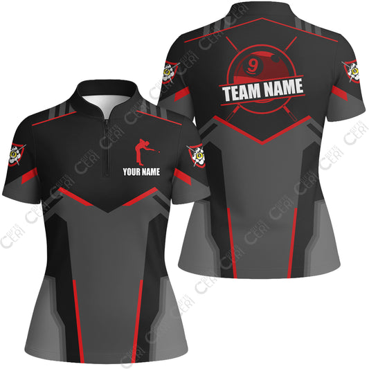 Customized 9 Ball Pool Stand Collar Quarter-Zip Short Sleeve Women's Shirt, Billiards Man Vector 9-Ball, Billiards Jerseys