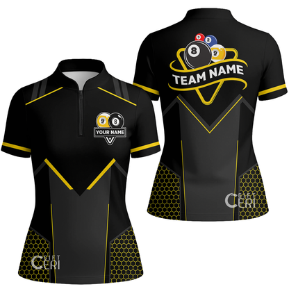 Customized Billiards Stand Collar Quarter Zip Short Sleeve Women's Shirt, Billiards Esports 9 Ball 8 Ball Jersey